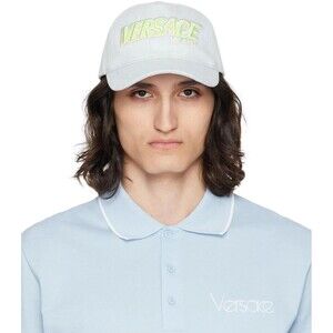 Versace Baseball Cap Men Blue Denim Embroidered Logo Strapback Hat Size 58 NWT